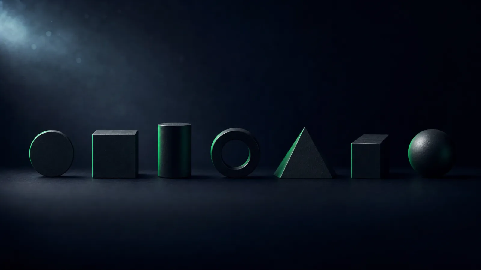 Seven different geometric objects lined up on a dark surface