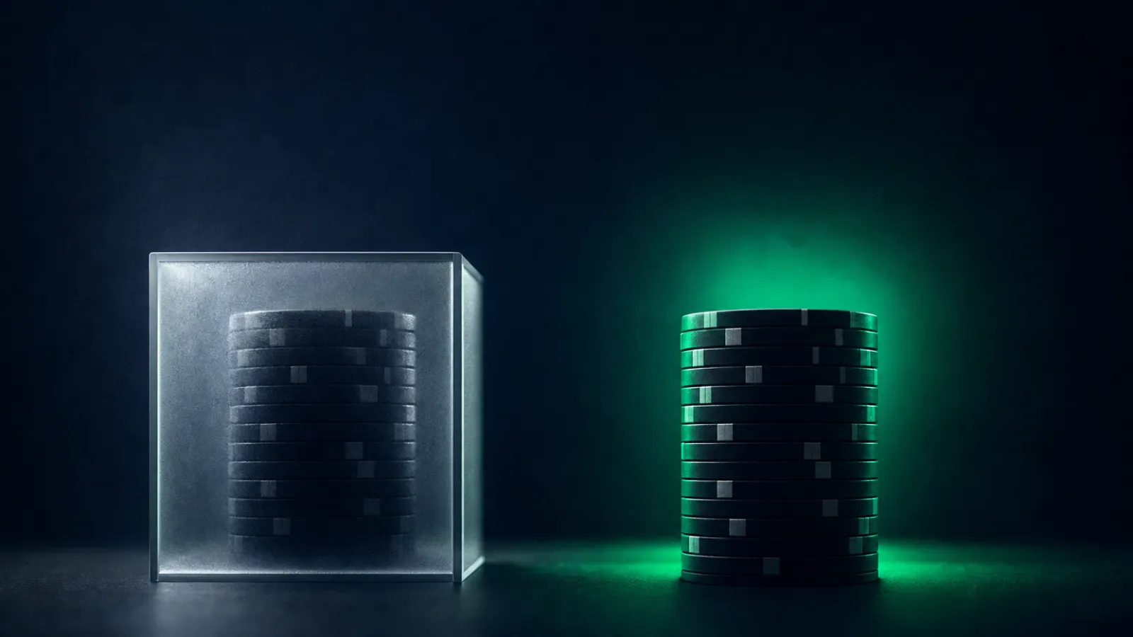 Two equal chip stacks, one sealed in a glass case, one standing free