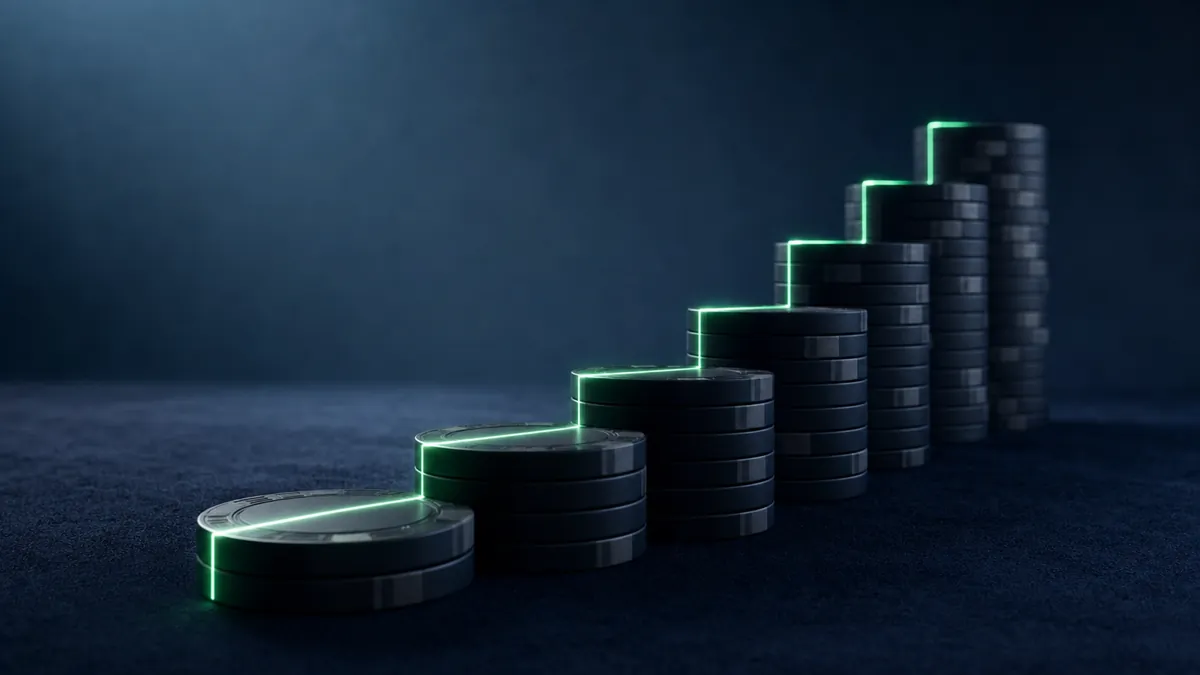 Chip stacks rising in even steps, each edge lit green