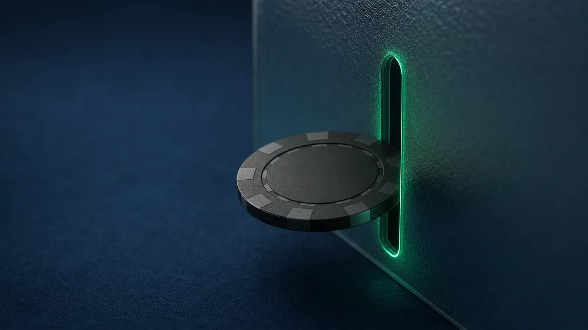 A black chip half inserted into a lit cashier slot
