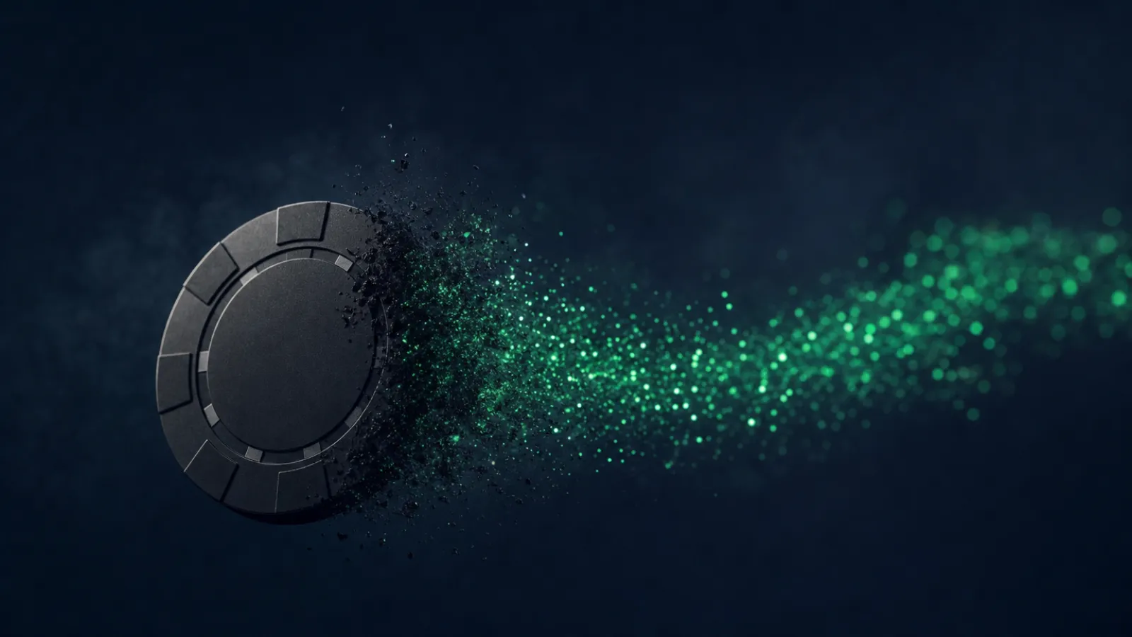 A casino chip dissolving into a stream of light particles